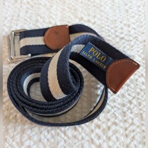 Polo by Ralph Lauren Navy and Cream Men's Woven Belt With Leather Detail XL